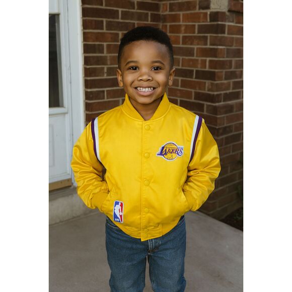Vintage Lakers Basketball Button Up Satin Varsity Jacket  Kids Size Medium - Picture 1 of 10